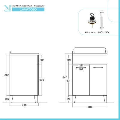 Mobile lavatoio 60x50 cm grigio calce vasca in ceramica e kit di scarico Moon