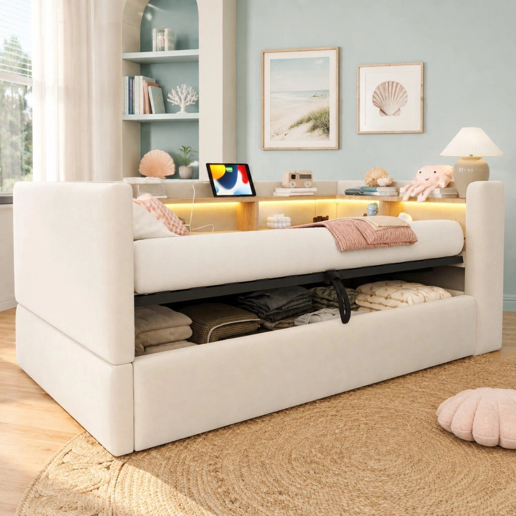 DIVANO LETTO 90x190 cm Beige in flanella con vani contenitore