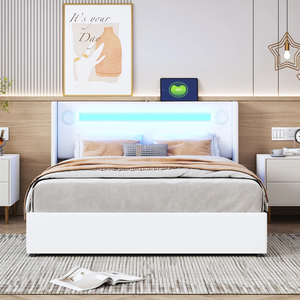 OKWISH Letto Contenitore 140×200 cm, Letto Matrimoniale con LED Regolabile, Bluetooth, USB e Tipo C, senza Materasso, in Ecopelle Bianco