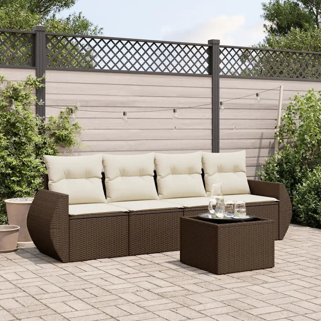 Set Divano da Giardino 5 pz | Set Salotto da Giardino con Cuscini Marrone in Polyrattan