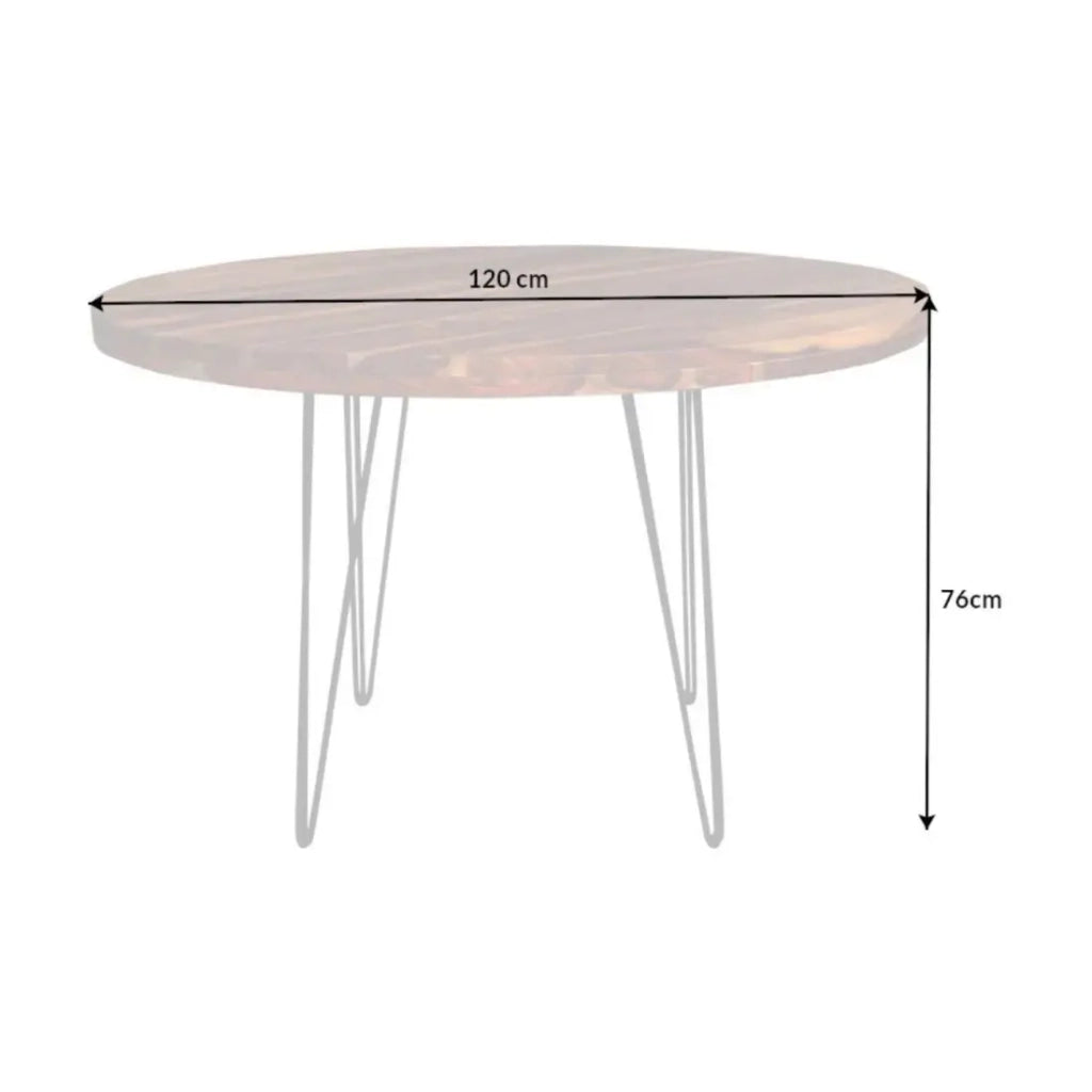Tavolo da pranzo ORBO 120 cm – Piano in legno di Sheesham verniciato e gambe in metallo nero – Stile industriale
