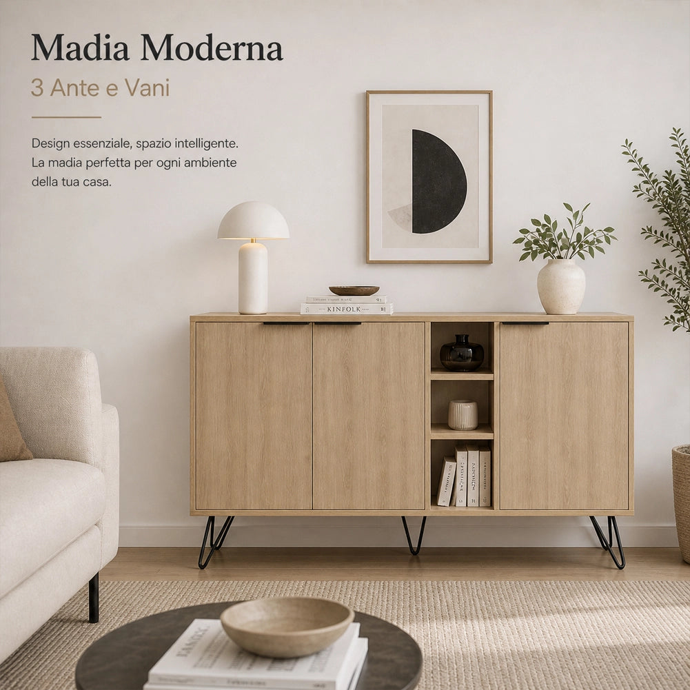 Madia Moderna Credenza con 3 Ante e Vani a Giorno 142x83 cm Zaffiro di Quercia
