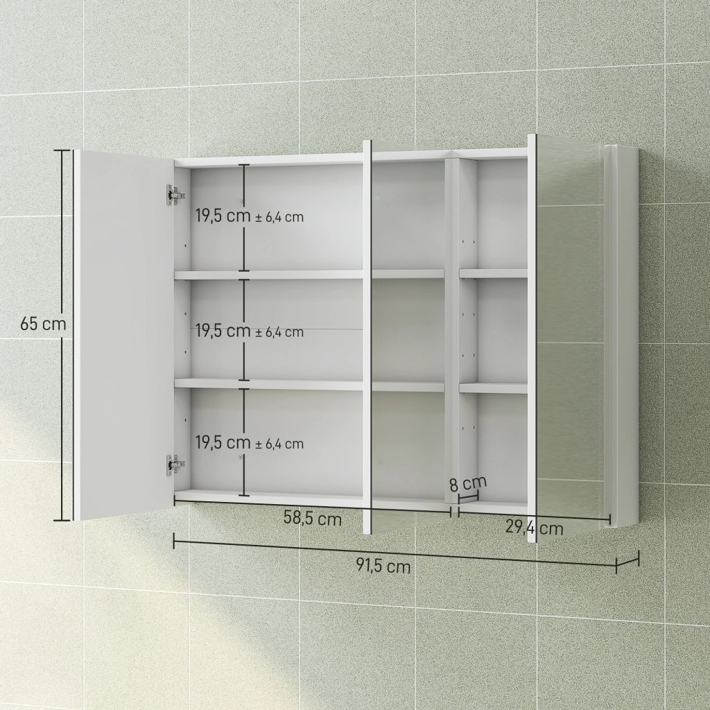 Armadietto da Bagno con Specchio ¨C Xylo ¨C 3 Ante, Ripiani Regolabili, Bianco, 91.5x11.5x65cm