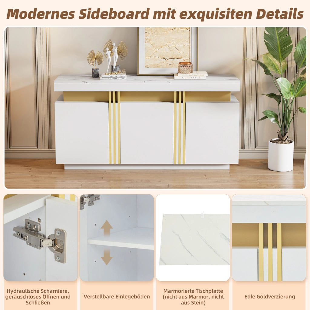 Credenza moderna bianca con 3 ante e ripiani regolabili in truciolare effetto marmo 140 × 38 × 70 cm