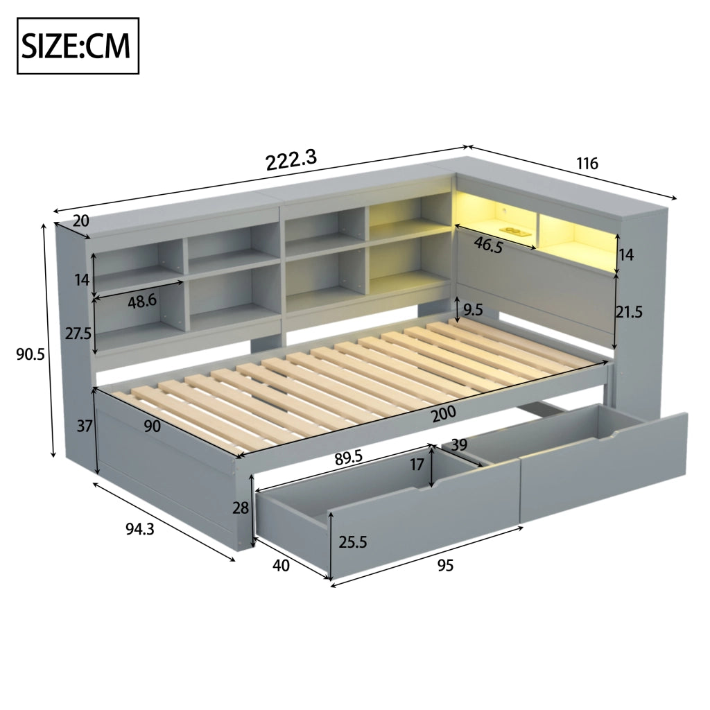 Letto singolo in legno 90×200 cm con USB; LED; ripiani e cassetti; senza materasso; grigio