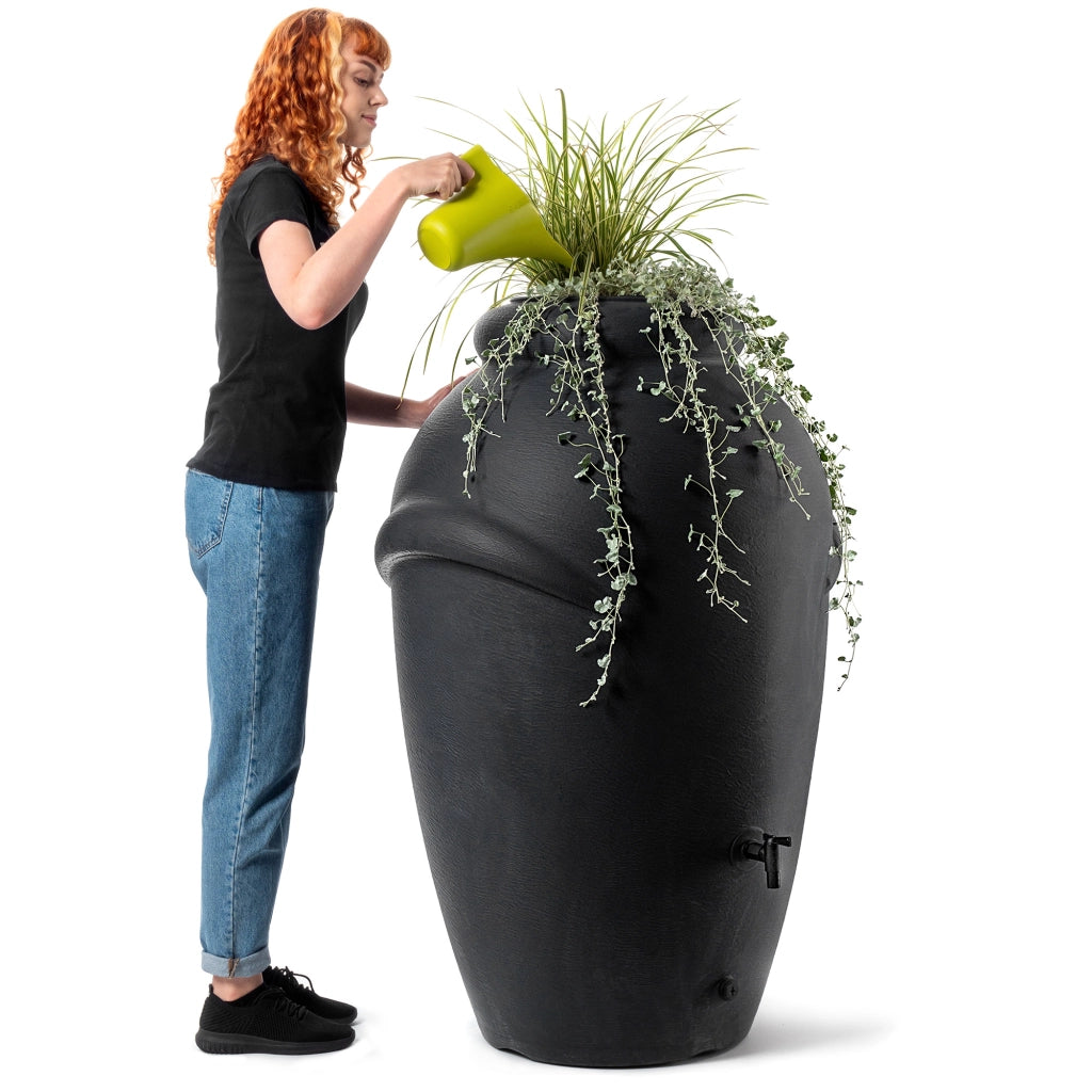 Serbatoio per acqua piovana KADAX 360L Contenitore per acqua a forma di barile + rubinetto Vaso da fiori Antracite
