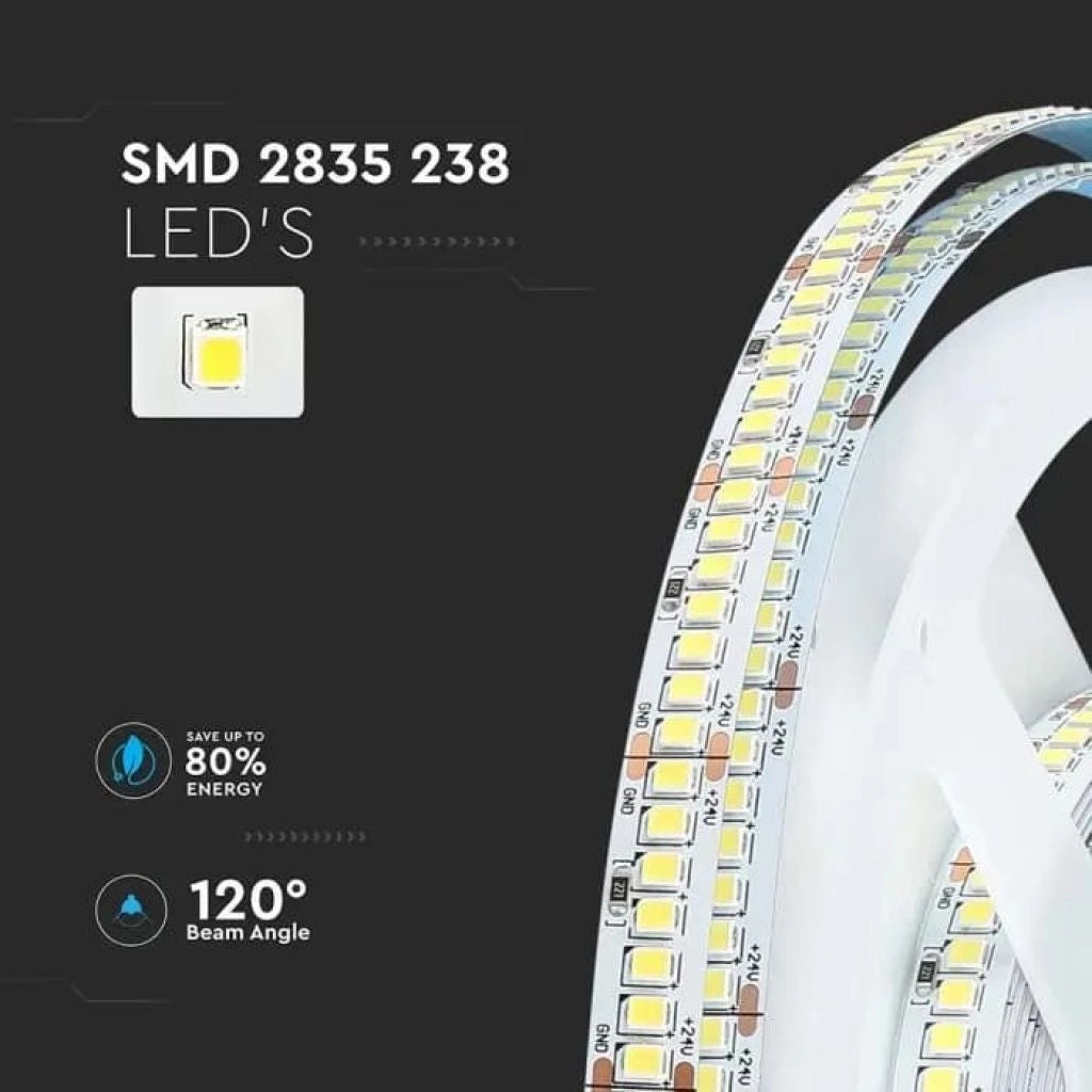 Striscia Strip LED SMD2835 18W/m 5m 238 LED/m 135LM/W 24V 3000K IP20 10mm