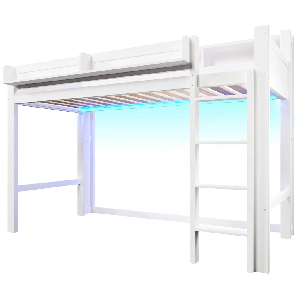 Letto a soppalco 90x200 cm, letto per bambini in legno, con vano portaoggetti, illuminazione a LED, porta USB, bianco