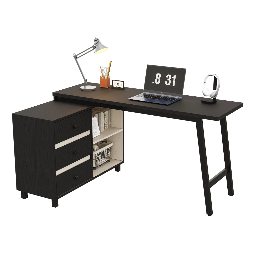 Scrivania a L 150 x 100 x 76 cm con 3 cassetti, 2 vani aperti, struttura in MDF e metallo, nero/bianco