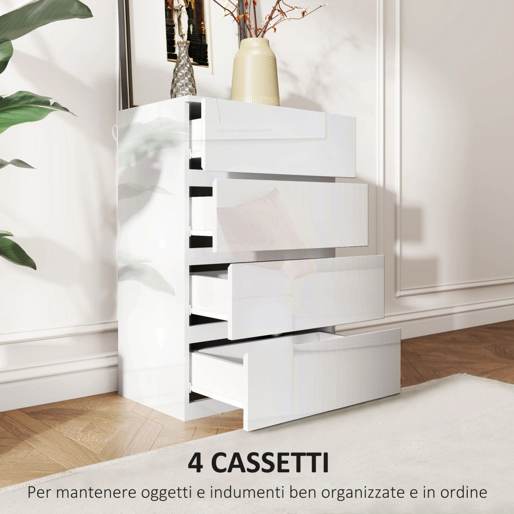 Cassettiera Moderna 4 Cassetti Antiribaltamento in Legno, 55x33x80 cm, Bianco Lucido