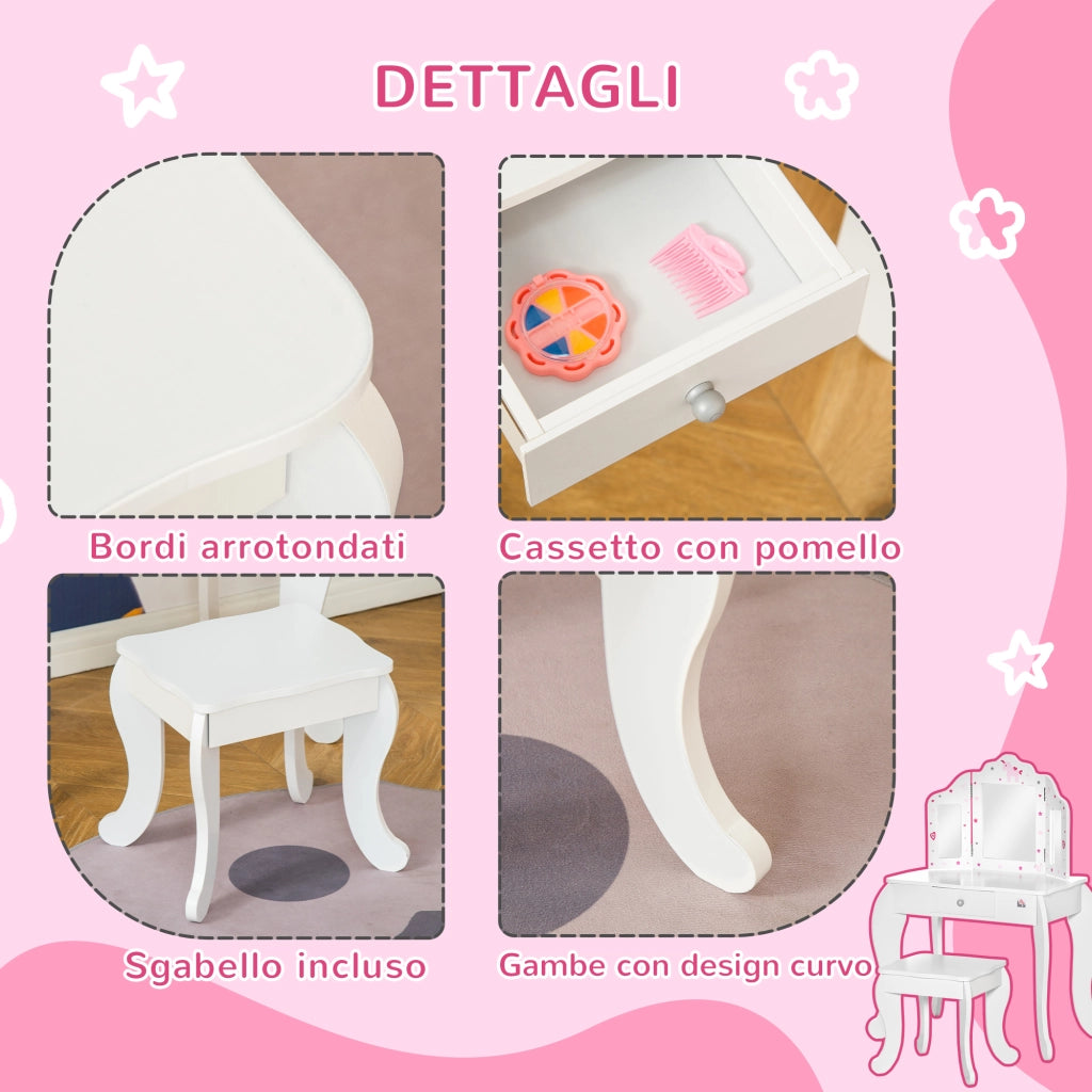 EasyComfort Toeletta per Bambini con Sgabello, Tavolo Trucco con Triplo Specchio e Cassetto, 63x40x85.5cm, Bianco
