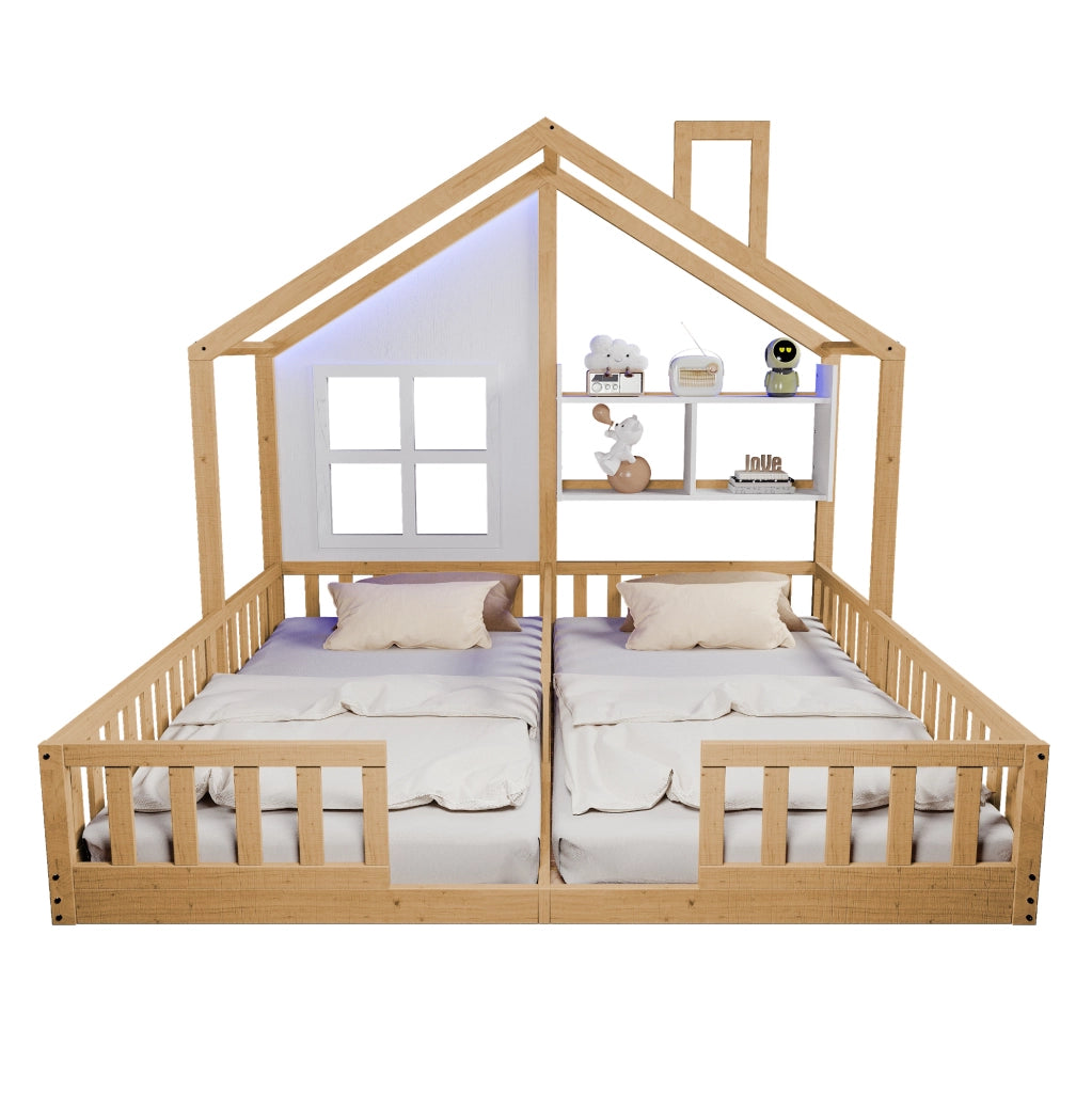 Letto doppio per bambini 2x90x200 cm con LED, ripiani e sponde in legno naturale