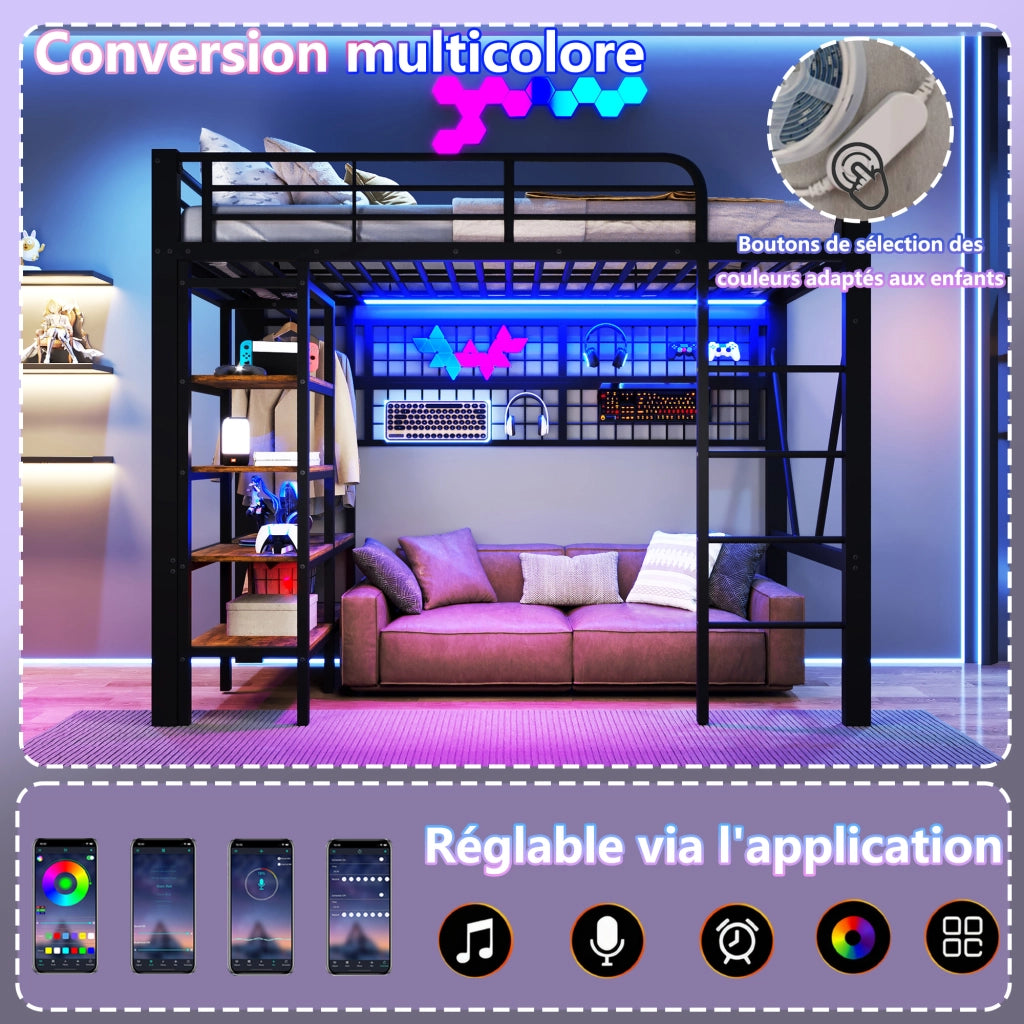 Letto a soppalco singolo 90×200 cm con LED; ripiano e appendiabiti; senza materasso; metallo; nero