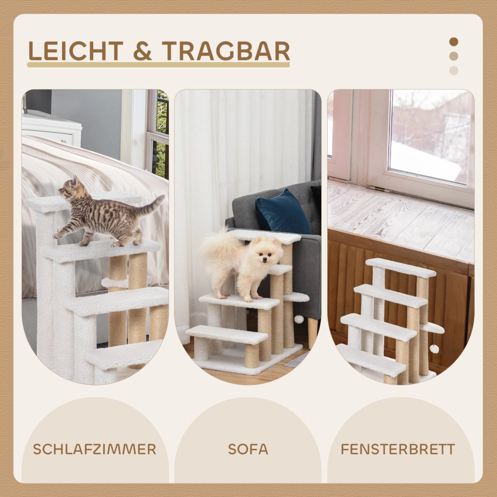 Scala per Gatti 4 Gradini con Kratzs?ulen e Palla ¨C Zephmum ¨C Bianco 60x40x64 cm