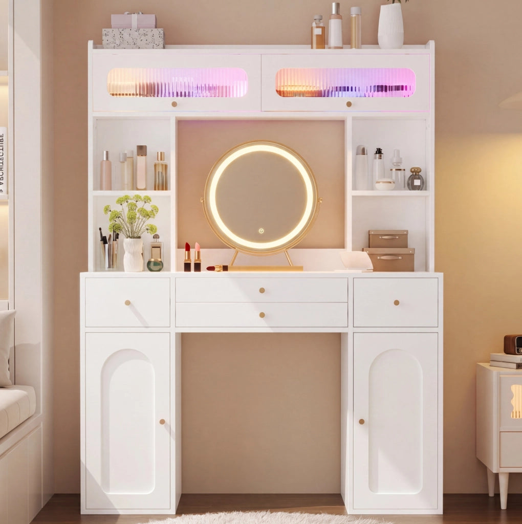 Toeletta con specchio LED e vani portaoggetti, bianca, 120×40×160 cm