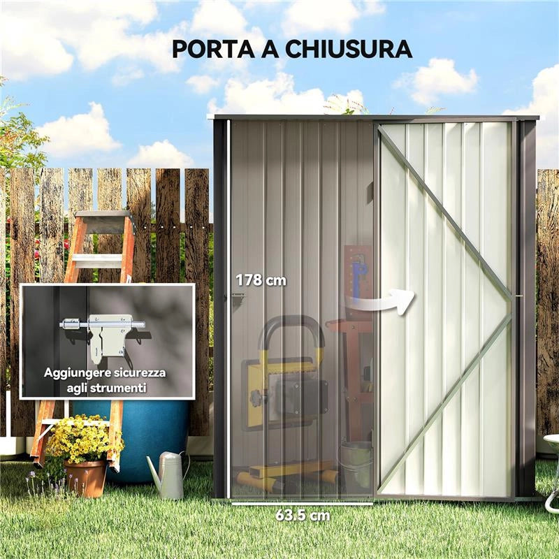 CASETTA DA GIARDINO IN ACCIAIO PORTA ATTREZZI CON CATENACCIO, 161.5X94.5X196CM, GRIGIO CHIARO