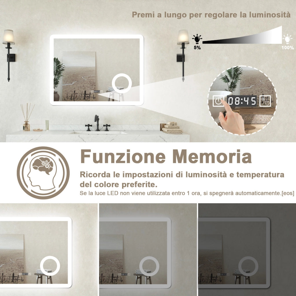 Specchio bagno Rettangolare 80x60cm Led Con 3 Luci + 3X Lente d'ingrandimento + Orologio + Antiappannamento