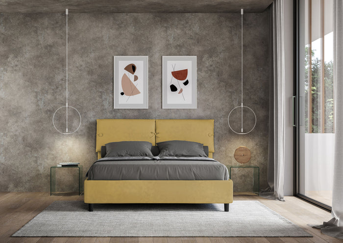 Letto Matrimoniale 160x210 cm con Rete e Contenitore con Testata e Alzata Comoda Imbottito in Microfibra Sleeper Ocra