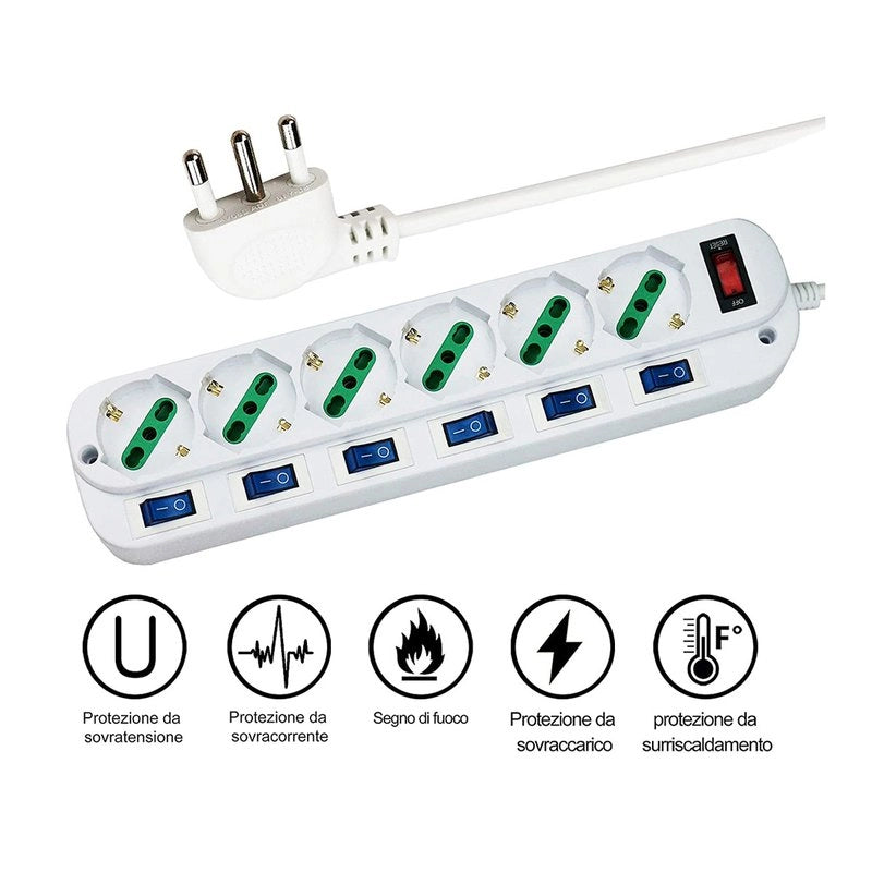 Multipresa Ciabatta Elettrica Con 6 Posti Prese Schuko 10/16A + 7 Interruttori Spina 10A Piccola Tipo L Cavo Da 1,5 Metri