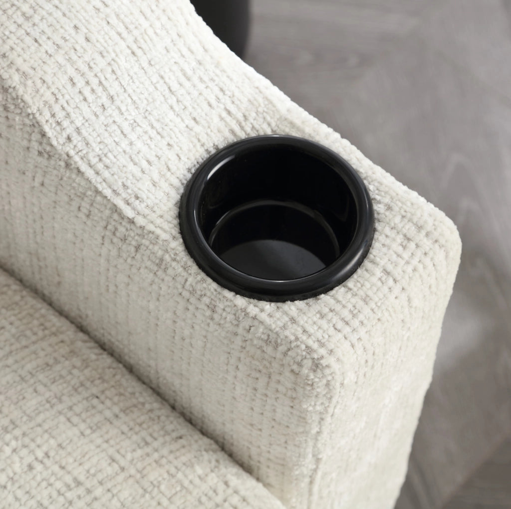 Divano 4 posti beige con pouf contenitore in ciniglia; porta-bicchieri e tasche laterali HOMVRA
