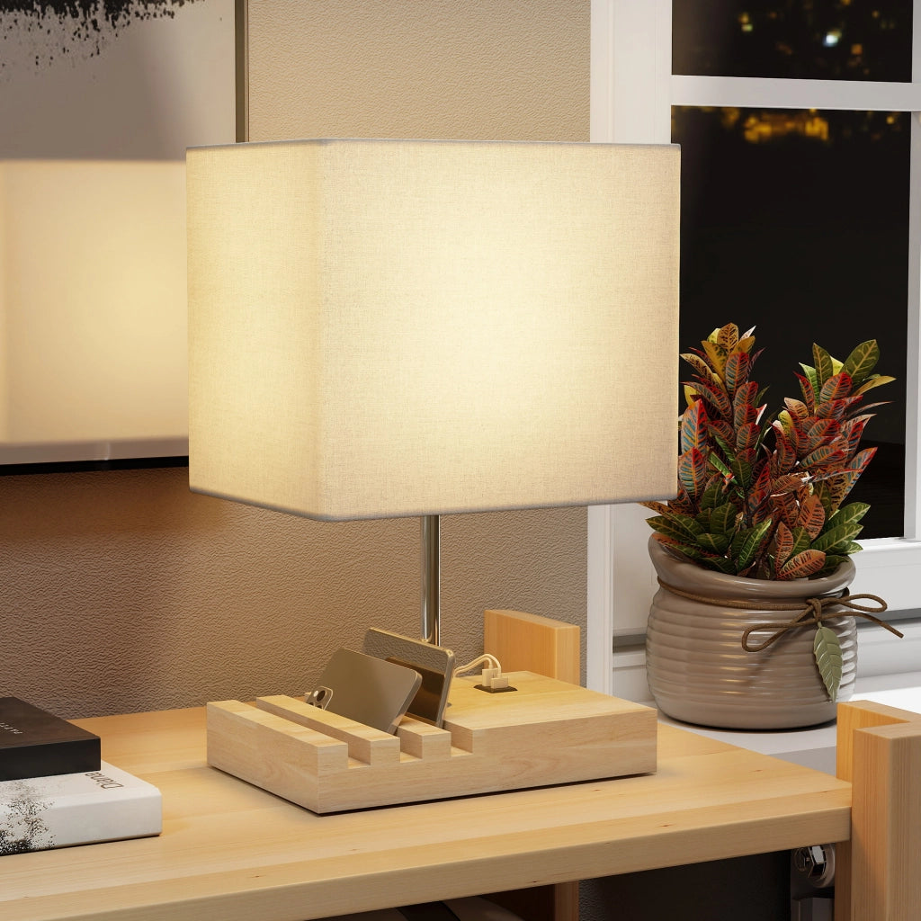 Comodino con Luci LED e USB ¨C Zephmum ¨C Bianco Legno Tessuto 40x40x50