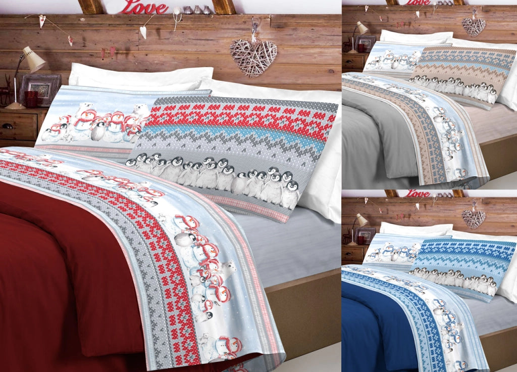 Completo Lenzuola Letto Pensieri Delicati 100% Cotone Dis. Inverno Polare - Matrimoniale - Beige