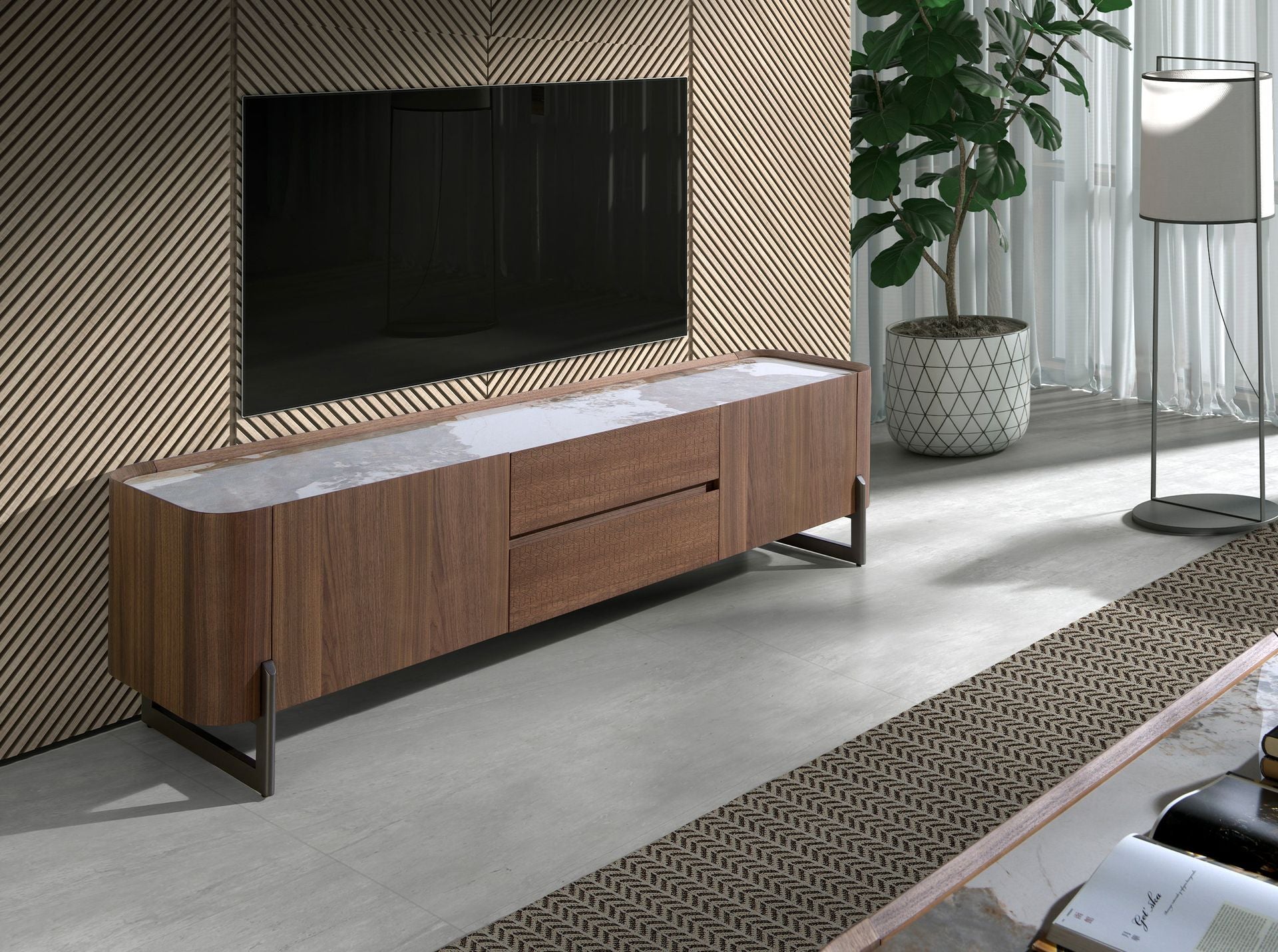 Porta TV in noce e acciaio metallizzato scuro con piano in marmo porcellanato
