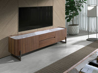 Porta TV in noce e acciaio metallizzato scuro con piano in marmo porcellanato