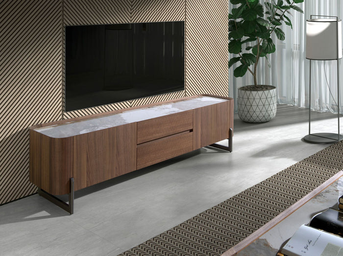 Porta TV in noce e acciaio metallizzato scuro con piano in marmo porcellanato