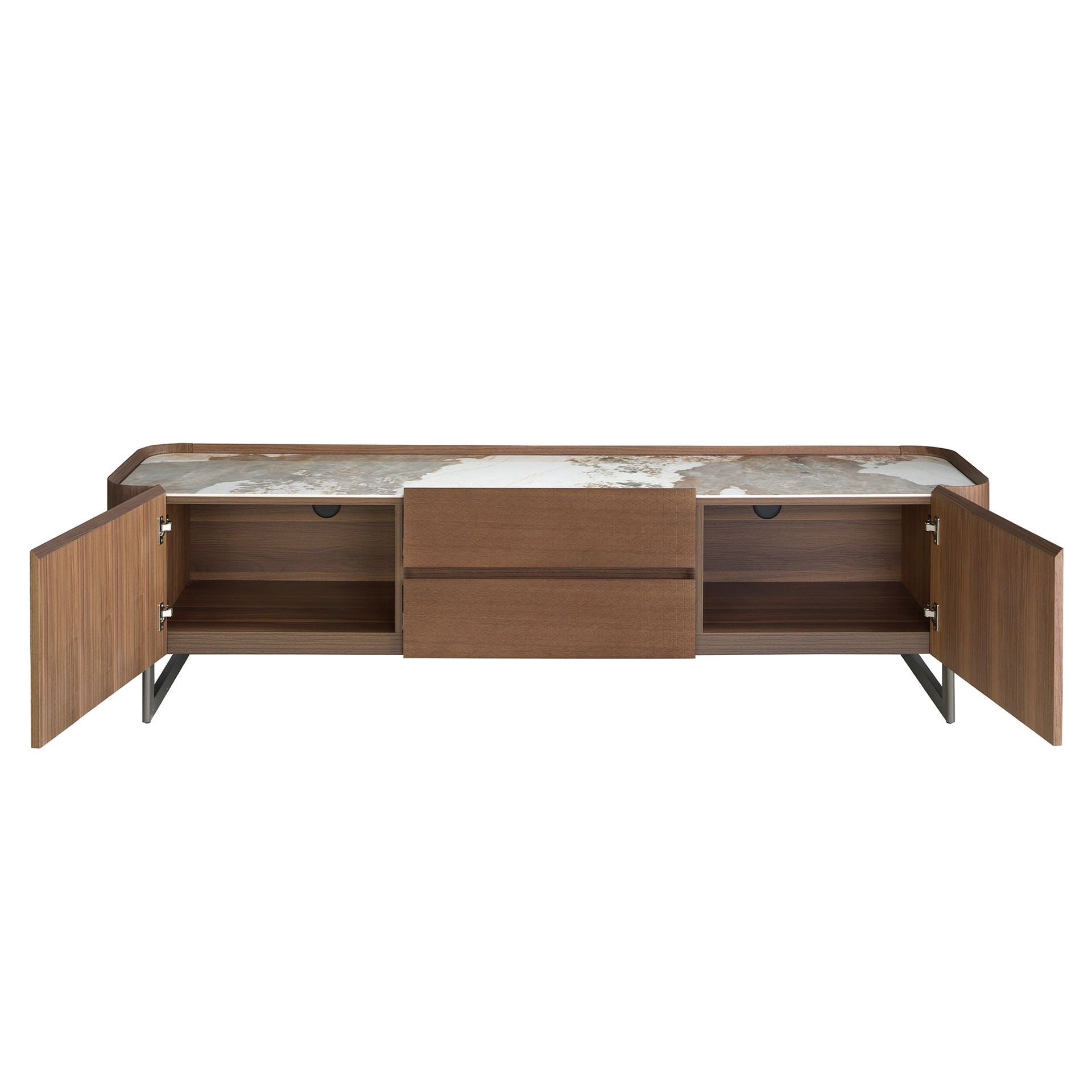 Porta TV in noce e acciaio metallizzato scuro con piano in marmo porcellanato