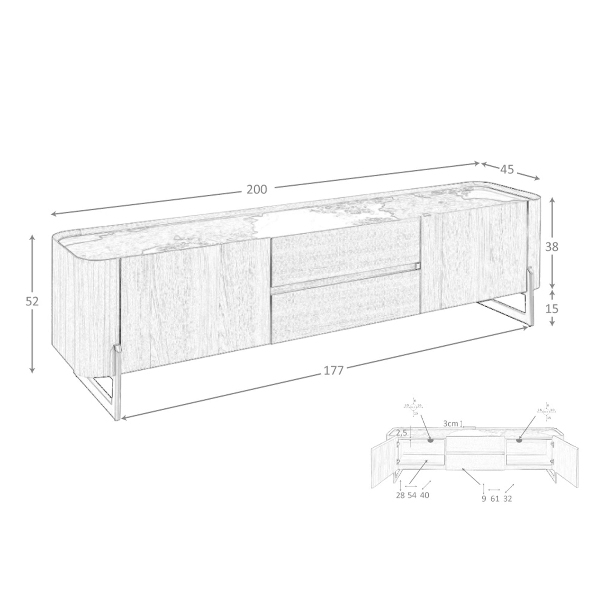 Porta TV in noce e acciaio metallizzato scuro con piano in marmo porcellanato