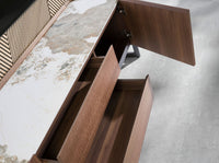 Porta TV in noce e acciaio metallizzato scuro con piano in marmo porcellanato