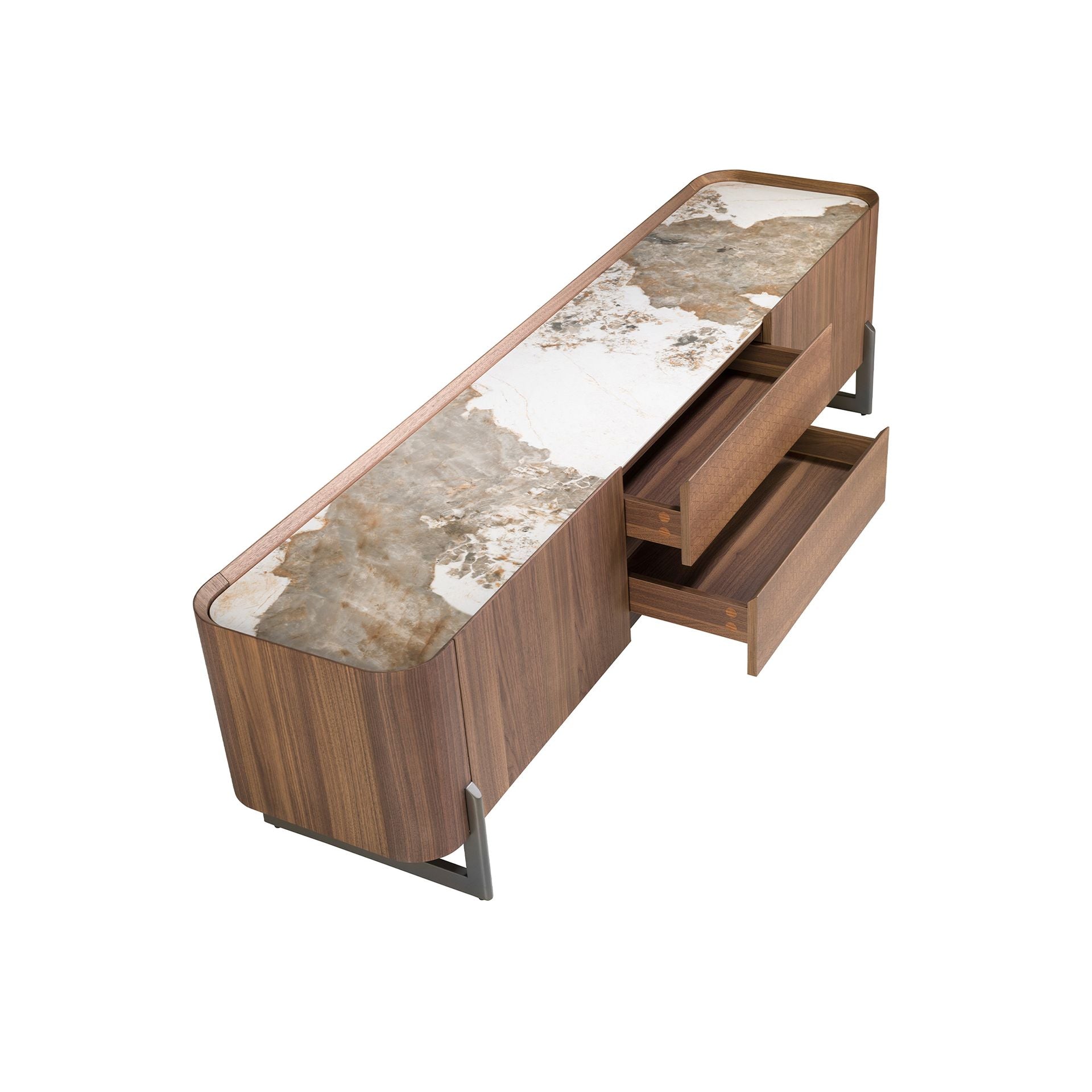 Porta TV in noce e acciaio metallizzato scuro con piano in marmo porcellanato