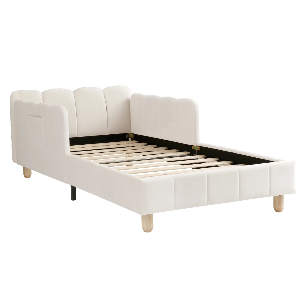 Letto singolo imbottito per bambini 90 x 200 cm in velluto beige con testiera ergonomica, sponde laterali e gambe in legno