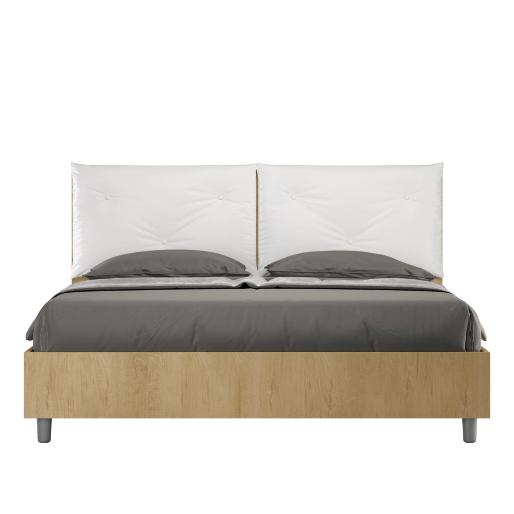 Letto Matrimoniale 160x190 cm con Rete e Contenitore Alzata Comoda Struttura Quercia con Cuscini in Similpelle Egos