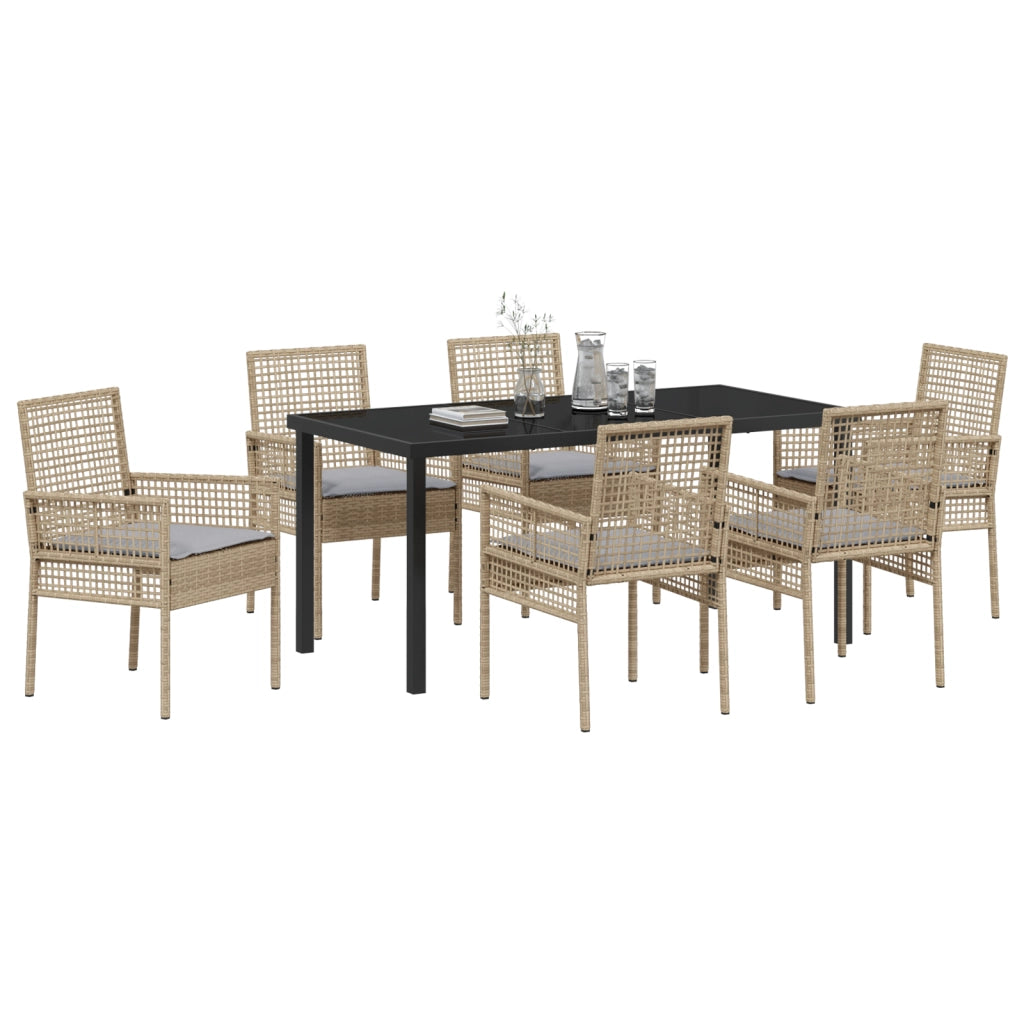 Set Pranzo Giardino 7 Pezzi con Cuscini Rattan Polietilene Beige