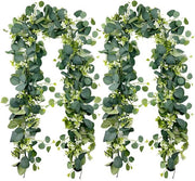 4 fasciature di eucalipto verde, guirlanda artificiale di piante 1,8 m, decorazione di foglie verdi pendenti con fiori bianchi e decorazione di eucalipto con dollaro argentato per sfondo, guirlanda di fiori per matrimoni.