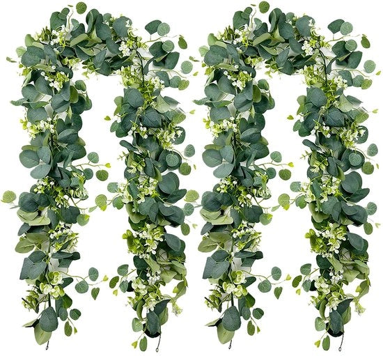4 fasciature di eucalipto verde, guirlanda artificiale di piante 1,8 m, decorazione di foglie verdi pendenti con fiori bianchi e decorazione di eucalipto con dollaro argentato per sfondo, guirlanda di fiori per matrimoni.