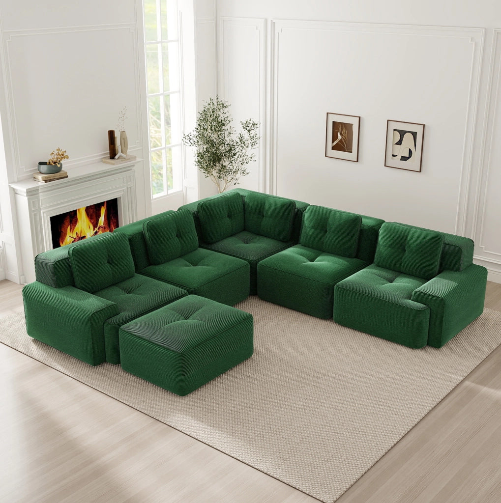 Divano angolare modulare in velluto a coste verde 295x295x69 cm con seduta profonda
