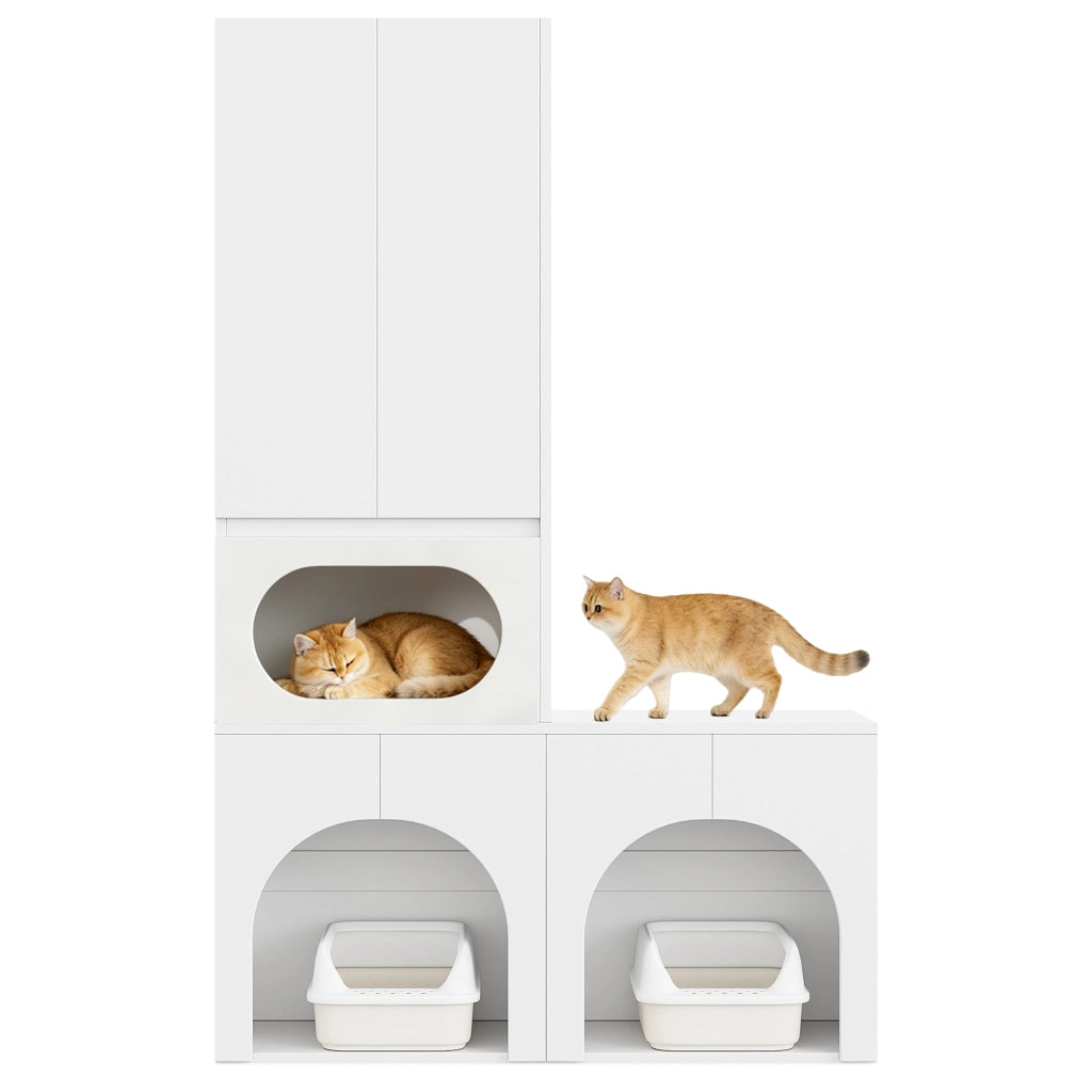 Mobile Lettiera per 2 Gatti 140×45×195 cm con Zona Relax; Armadio Contenitore e Doppio Vano; Bianco