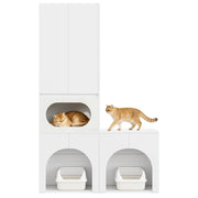 Mobile Lettiera per 2 Gatti 140×45×195 cm con Zona Relax; Armadio Contenitore e Doppio Vano; Bianco