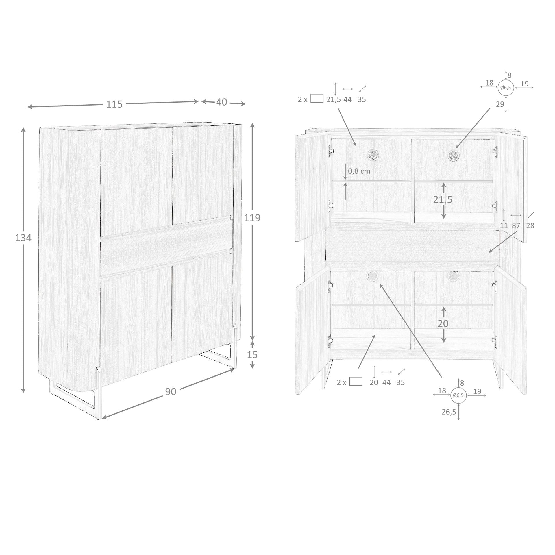 Credenza alta in noce e acciaio scuro metallizzato