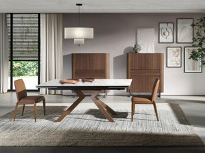 Credenza alta in noce e acciaio scuro metallizzato