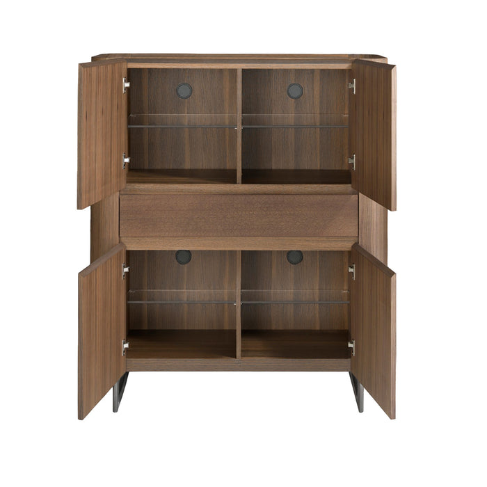 Credenza alta in noce e acciaio scuro metallizzato