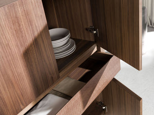 Credenza alta in noce e acciaio scuro metallizzato