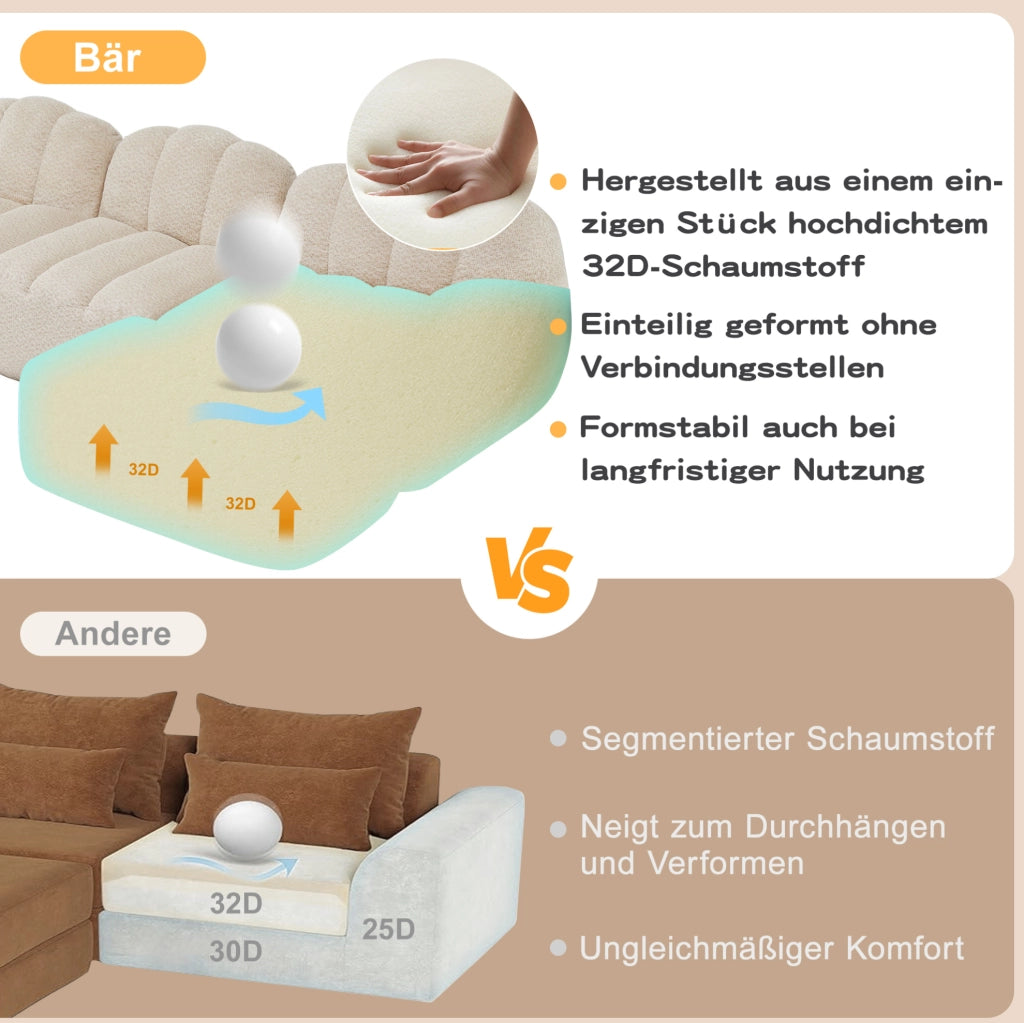 Divano modulare 3 posti con ottomana collegabile in fleece granulato; bianco beige