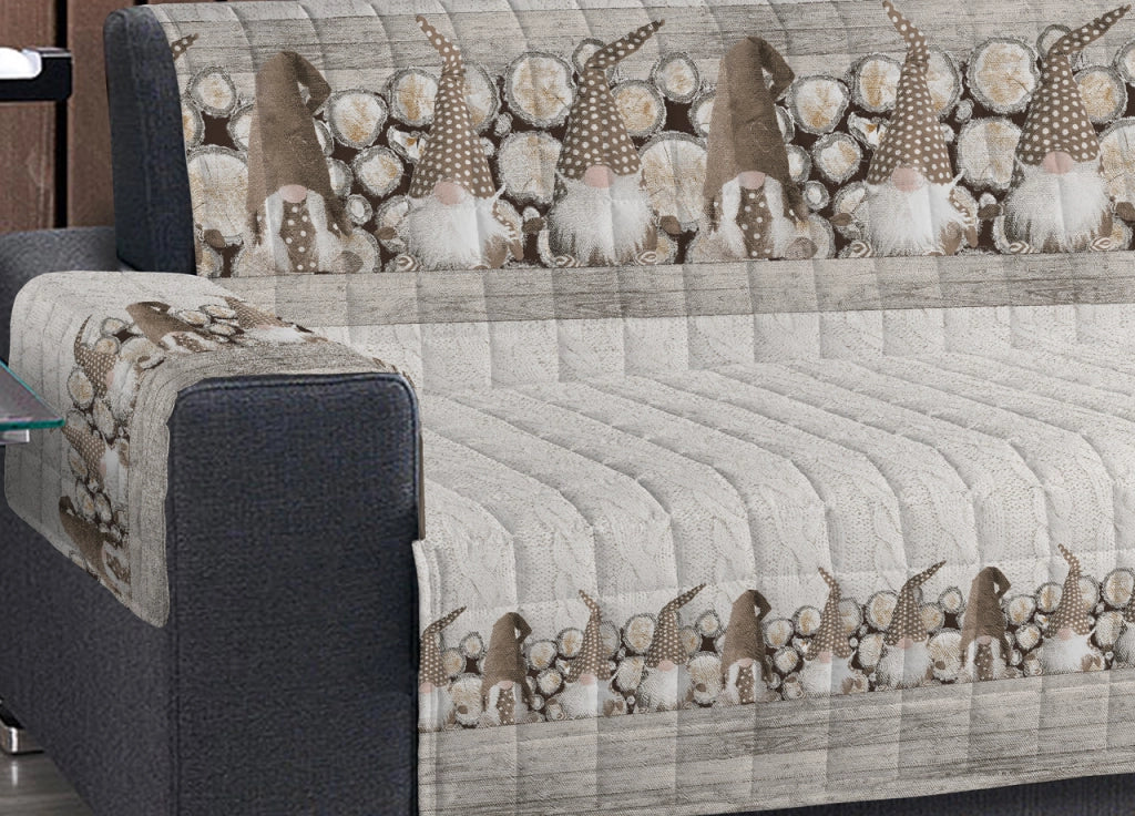 Copridivano Trapuntato Disegno Gnomi Colore Beige - 2 Posti - Beige