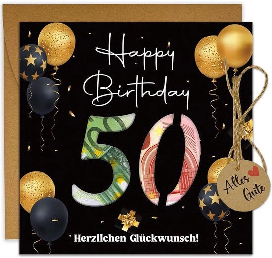 Carta di auguri 50° compleanno - Regalo di denaro - Busta di cartoncino - Disegno creativo - Messaggio personalizzato - Design festivo
