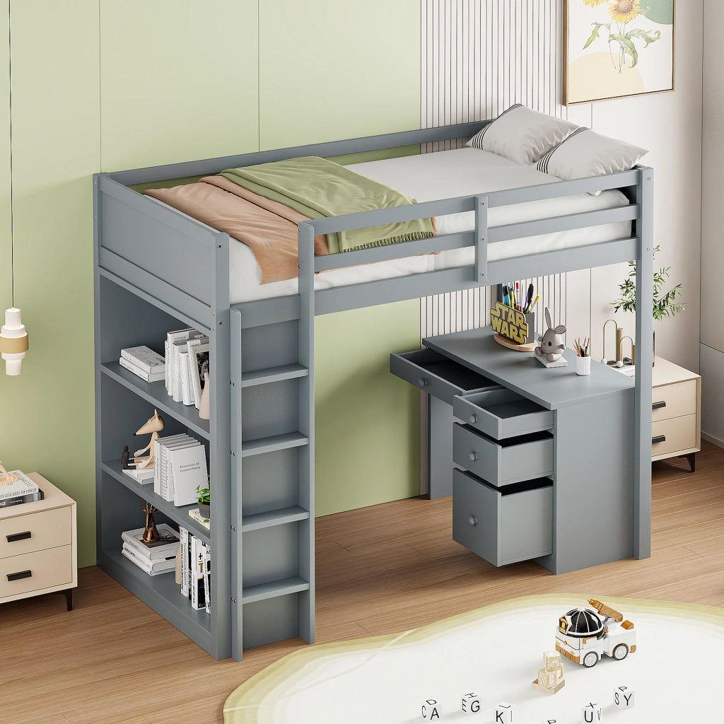 Letto a Soppalco con Scrivania e Contenitore ¨C MINIMAL ¨C Legno Grigio 90x200