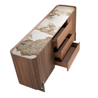 Credenza in noce e acciaio metallizzato scuro con piano in marmo porcellanato